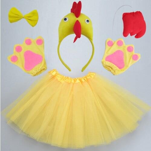 Yellow Chicken Rooster Cosplay Animals Headband Bow Tail Paws Tutu Skirt Set Party Props Halloween Christmas Fancy Dress