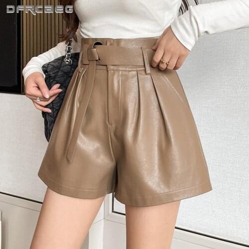 Khaki Loose Faux Leather Women Shorts For Boots Wear 2021 High Waist Casual Ladies PU Short Pants Female