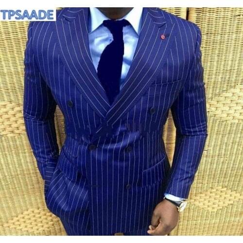 Stylish Design Groom Tuxedos Double Breasted Blue Stripe Peak Lapel Groomsmen Best Man Suit Mens Wedding Suits Jacket+Pants+Tie