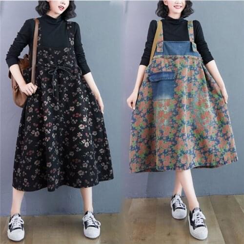 Spring Autumn Sleeveless Clothing 2020 Loose Casual Slim Denim Suspender Dress Womens Floral Patchwork Large Size Vestidos y547