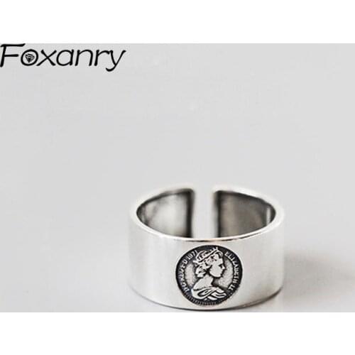 Foxanry Vintage 925 Sterling Silver Rings for Women Couples Simple Creative Portrait Queen Finger Ring Party Accessories Jewelry