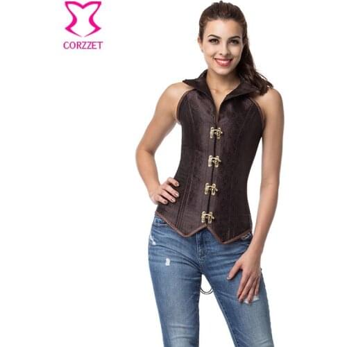 Vintage Brocade Buckled Halter Collar Steel Boned Long Corset Waist Trainer Gothic Sexy Corsets And Bustiers Steampunk Clothing