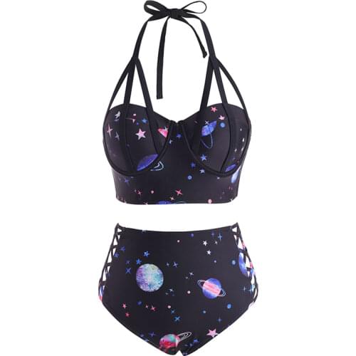 Wipalo Plus Size 3XL Skull Letters Graphic Print Halter Wrap Bikini Set Women Sexy Padded Two-Piece Bathing Suits Beach Biquini