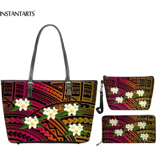 INSTANTARTS Traditional Ethnic Tribes Plumeria Women PU Leather Handbag Set Female Top-handle Bag with Wallet Customized Bags