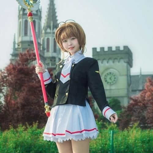 Anime Cosplay Card Captor Sakura Cosplay dress tshirt+skirt+coat+tie+Wigs Women Halloween Kinomoto Sakura cosplay costume girls