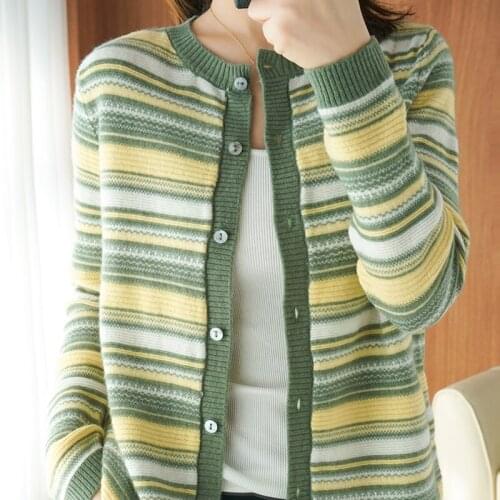 O-neck Female Knitted Sweater Colorful Stripe Cardigan Long Sleeve Plus Size Sweater Single--breasted Office Lady Style Cardigan