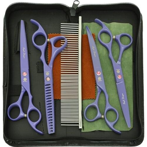 7" Japan 440C Purple Dragon Grooming Scissors Pets Straight Curved Cutting Shears Fish Bone 18 Teeth Dog Thinning Clipper B0039B