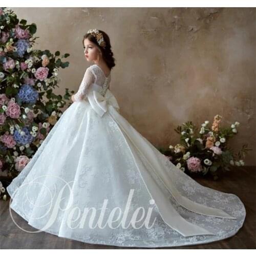 New Coming White Flower Girl Dress for Wedding 3/4 Sleeves 3D Appliques Princess First Communion Gowns 1-14Y