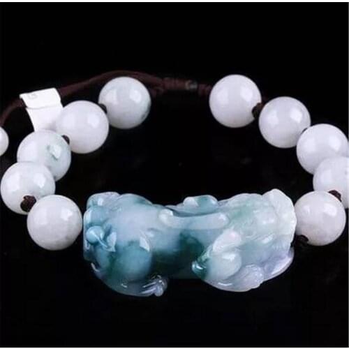 Livraison directe naturel 5A classe birmanie jadéite flotteur fleurs bleues Pixiu charme perles rondes Bracelet hommes femmes bi