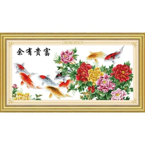 Fishes Flowers Large Embroidery Kits 11CT Canvas DIY Needlework Home Decor Printed Cross Stitch