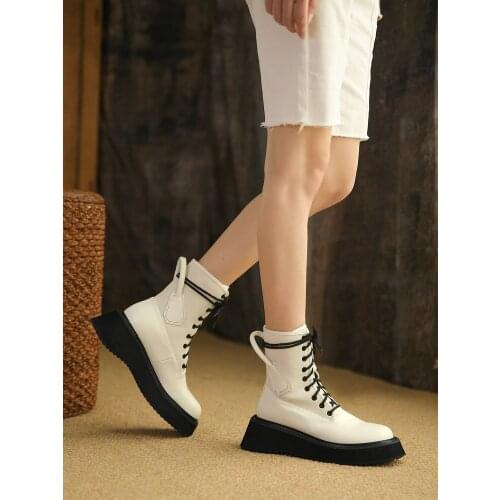 EshtonShero Motorcycle Womens Ankle Boots Winter Cow Leather Shoes Black Botas Med Heel Female Lace Up Platforms Women Botas