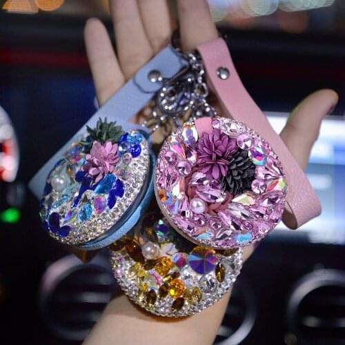 Luxury Crystal Strass Hand Made Keychain With Mirror Car Key Holder Bag Charm PU Leather Wristband Key Chain Key Ring Pendant