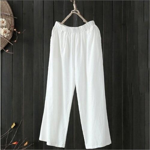 Plus Size White Cotton Pants Women Summer Elastic Waist Loose Casual Black Wide Leg Pants Womens Pocket Ankle Length Trousers