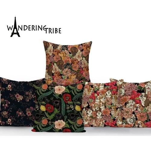 Flower Dog Cushion Covers Cute Kitten Home Decoration Pillowcase Farmhouse Cushions Cover Animal Sofa Pillow Cases Kissenbezug