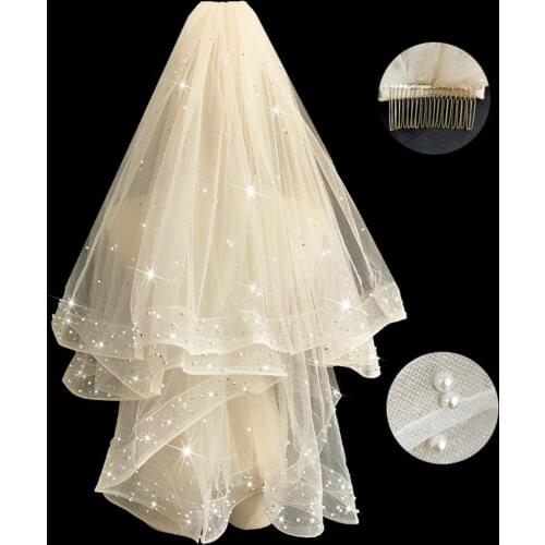 Two Layers Wedding Veil Elbow Length Veil Beaded Wedding Veils with Comb
