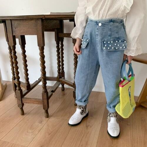 2021 Spring New Arrival Girls Fashion Denim Pans Kids Jeans with Pearl Girls Jeans
