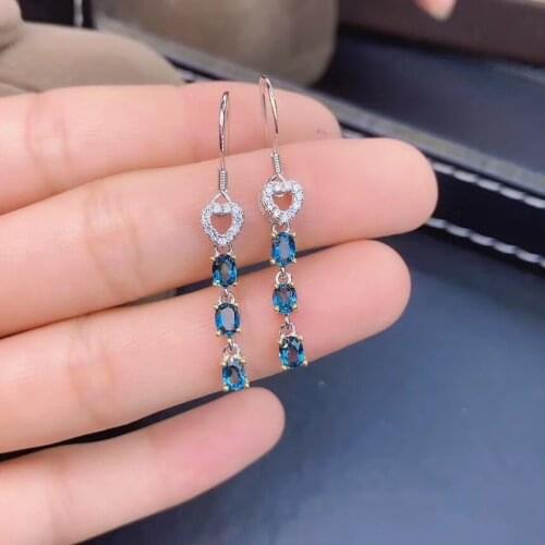Elegant heart string tassel natural London Blue topaz drop earrings Natural gemstone earrings 925 silver female party jewelry