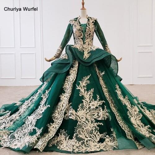 HTL1131 green v neck evening gown long sleeve appliques beads ball gown saudi arabi вечерние платьяc evening dress lace flowers