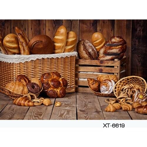 HUAYI Custom Child Photography Backdrop With Caramel Bread delicious-baked crisp-tasty-bread On Wooden Board Brown Background
