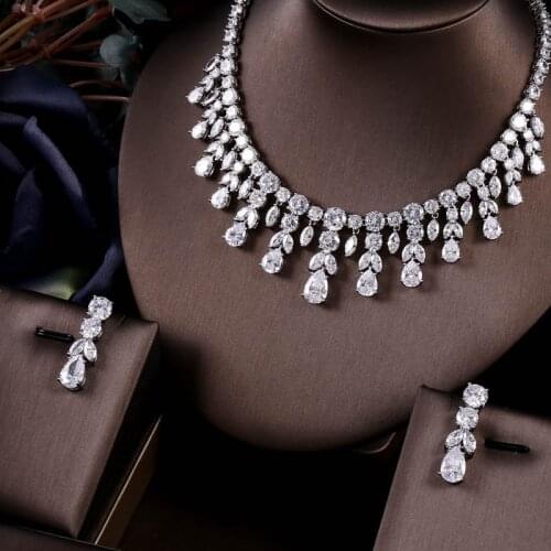 JaneKelly Luxury Sparking Brilliant Cubic Zircon Drop Earring Necklace Heavy Dinner Jewelry Sst Wedding Bridal Dress Accessories