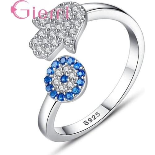 Fine S925 Sterling Silver Statement Finger Rings Palm Shaped Clear Blue Cubic Zircon Stone Inlay Opening Adjustable Bague Bijoux