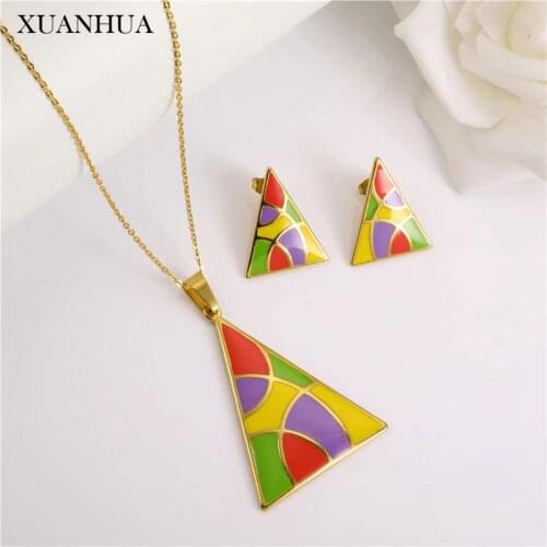 XUANHUA Color Initial Necklace Earrings Set Stainless Steel Jewelry Woman Accessories Fashion Jewelry Gifts For Women