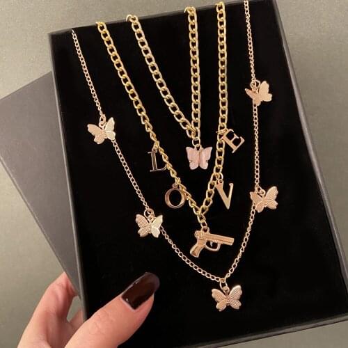 DIEZI Korean Clavicle Chain Necklace Fashion 2021 Multilayer Butterfly Letters Pendant Necklace Women Vintage Statement Jewelry