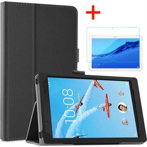 For Lenovo Tab 4 8 Plus 2017 Case and Glass Flip Litchi Leather Cover for Lenovo Tab4 8 Plus TB-8704F Folio Case Wake up/Sleep