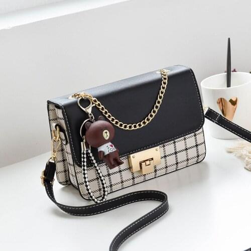 Cute Crossbody Bag For Women Contrast Color PU Leather Shoulder Bag Chain Handle Ladies Purses and Handbags With Bear Keychain