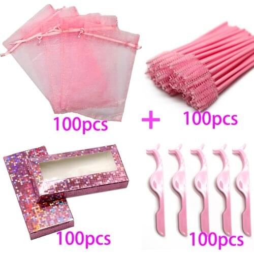 50/100pcs 4 In 1 Bulk Eyelash Packaging Bag Shining Glitter Color Pink Eyelash Box with Eyelash Brushes and Lash Tweezers