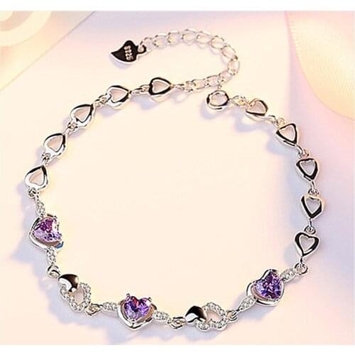New Fashion Heart Crystal Purple Bracelets For Women Jewelry Top Quality Silver 925 Girl Hand Accessories Trendy Bracelet Female