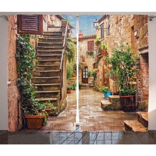European Country Curtains Italian Historic Alley Patio Satin Fabric Drapes for Living Room Bedroom 2 Panel Window Set