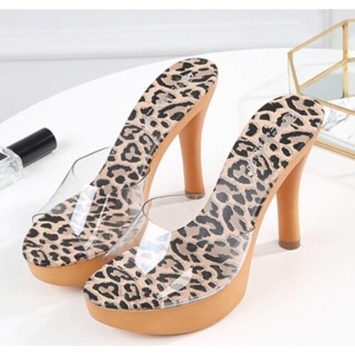 Transparent Woman Slipper Nightclub Sexy Leopard High-heeled 11CM Platform Ladies Shoes Women Slippers Waterproof Summer Shoes