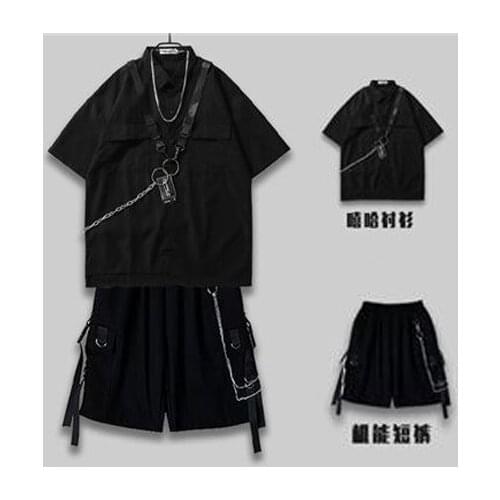 Dark functional wind tooling short-sleeved shirt men and women summer hip-hop personality loose shirt jacket a matching suit y2k