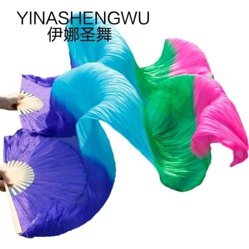 Dance Fans Bamboo Ribs Natural Silk Stage Performance Props Dye Fans Women Belly Dance Silk Fans royal blue+turquoise+green+rose