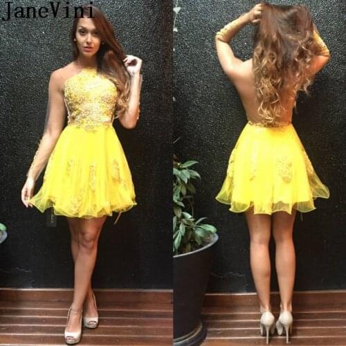JaneVini Yellow Ladies Homecoming Dresses See Through Long Sleeve Evening Short Tulle Dress Mini Lace Appliques Beaded Prom Gown