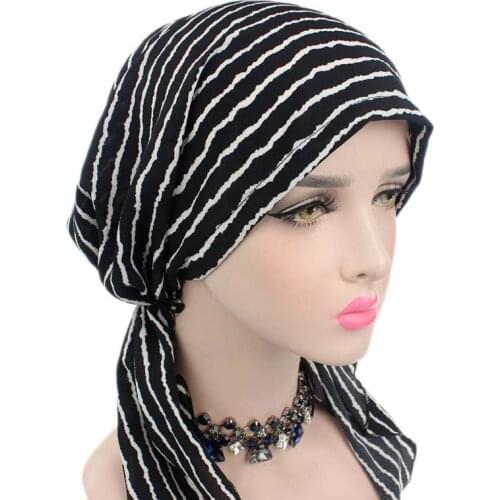 Fashion Lattice Stripes Flowers Printing Head Scarf Cap Beanies Women Ladies Long Tail Hat Turban FS0411