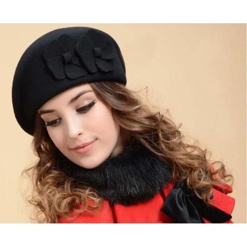 Hotselling Vintage Wool Felt Flower beret Hat Stewardess Cap Women Woolen Fedoras Winter Cap Chapeu Feminino Wine Red Black