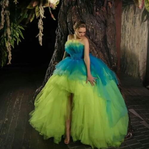 Colorful High Low Evening Dresses for Women Strapless A Line Tiered Prom Dress Party Wear Formal Robe De Soirée Sweep Train
