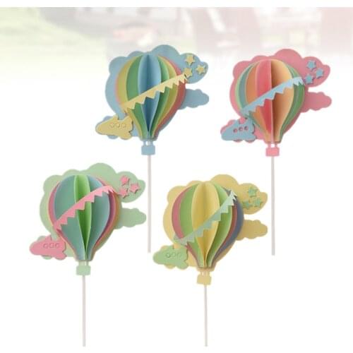 4pcs 3D Clouds Hot Air Balloons Cake Topper Party Cake Pick Cake Decorations (Blue, Pink, Yellow, Green)