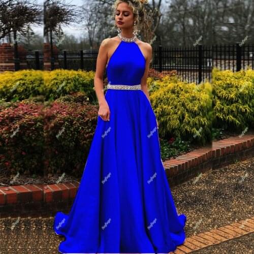 Royal Blue Satin Beads Belt Prom Halter Backless Special Occasion Formal Graduate Vestidos De Gala Fiesta Celebrity Evening