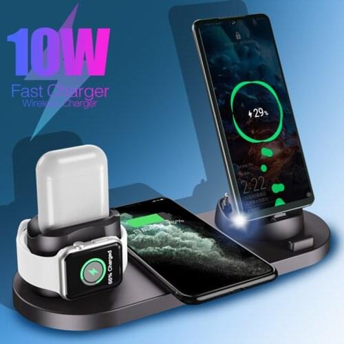 6in1 Wireless Desktop Charger Holder For Apple Airpods Watch 6 5 4 3 For iPhone 12 11Pro Max 12 Mini Xiaomi 11 10 Huawei P40 P30