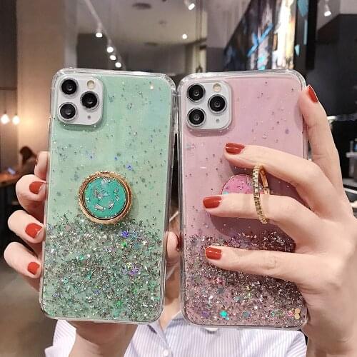 Finger Ring Stand Phone Case For iPhone 11 12 Pro Max XR XS Max 7 8 Plus X Gradient Glitter Star Soft Epoxy Back Cover