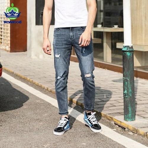 Jeywood Brand 2021 Spring Autumn New Jeans Men Fashion Hole Ripped Pants Cotton Hip Hop Streetwear Blue Denim Trousers 28-36