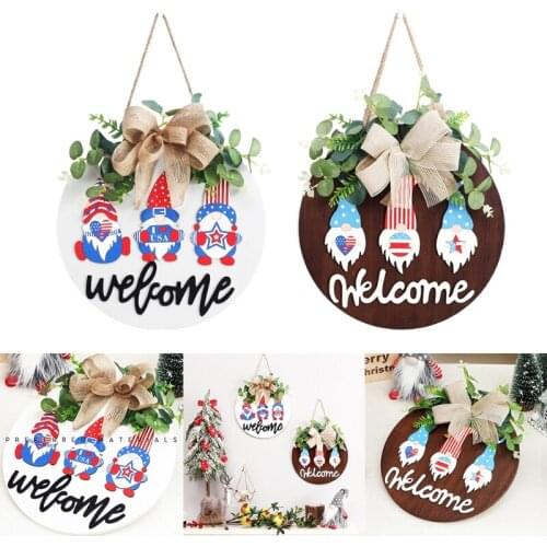 H58C Independence Day Wreath Wood Hanging Sign Front Door Wall Decoration with Bow