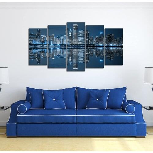 Chicago Downtown at Night Picture Canvas Print - Modern City Wall Art - Large 5 Panels Artwork for Home Decor Drop shipping