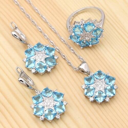 Silver 925 Jewelry Sets For Women Sky Blue Cubic Zirconia Flower Shape Pendant Necklace Ring Earrings Set