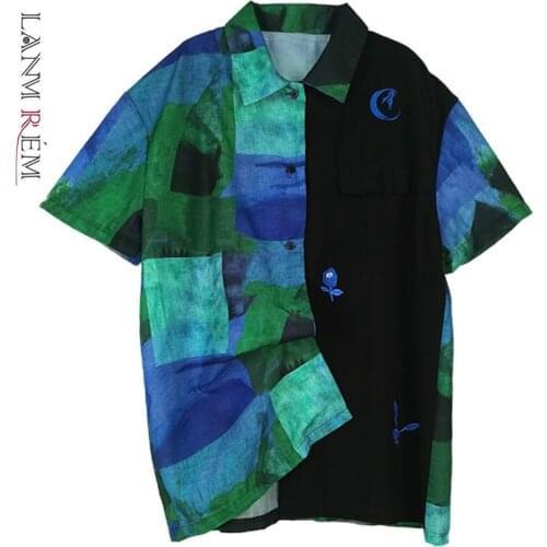 LANMREM 2021 New Autumn Street Wear Fashion Women Turn-down Collar Short Sleeves Printed Tencel Single Breasted Shirt 2A634
