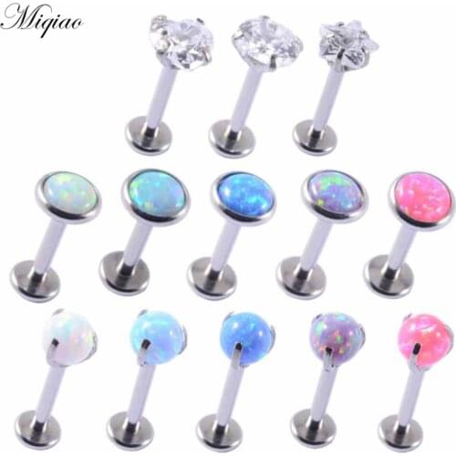 Miqiao 4pcs Simple and Sweet Stainless Steel Straight Bar Opal Zircon Round Bead Earrings Piercing Jewelry