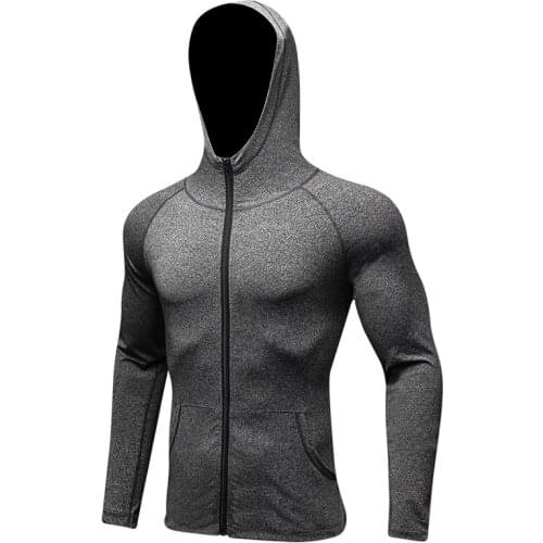 Men Shirt Zipper Gym Clothing Sportswear Fitness Black Running T-Shirt Hooded Compression Sports Jacket
